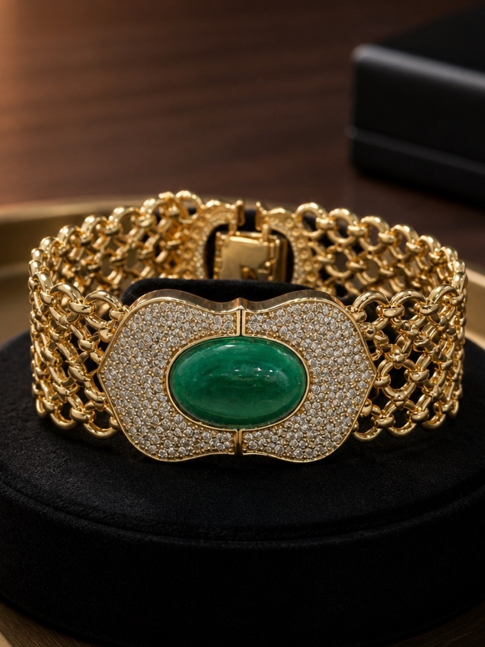 Catwalk Jon Gold Chain Bracelet with Green Cabochon and Pavé Accents